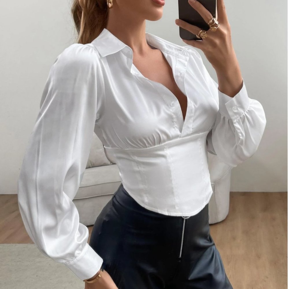 NWOT Shein Solid Hanky Hem Bishop Sleeve Blouse Size L